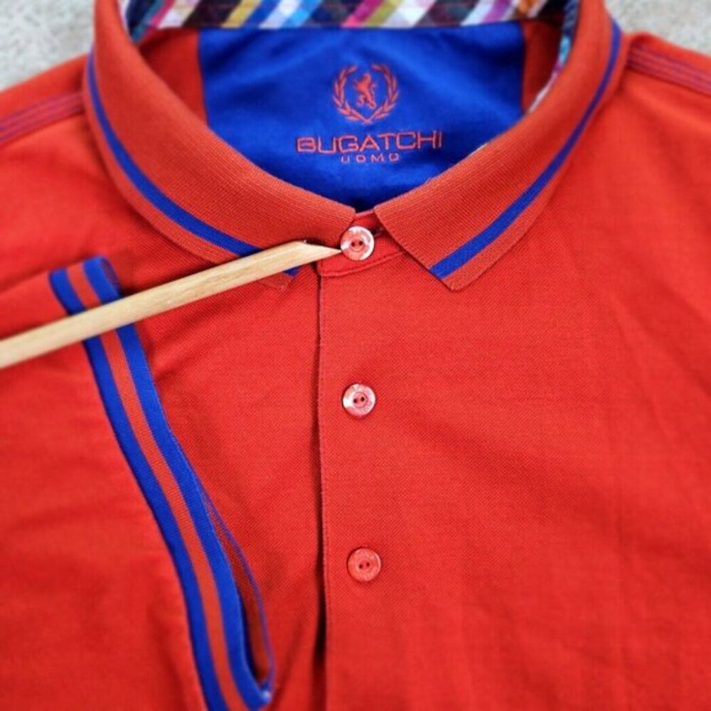 Bugatchi Polo Shirt Red Short Sleeve Contrast Collar Men's Size L Golf - Picture 3 of 10